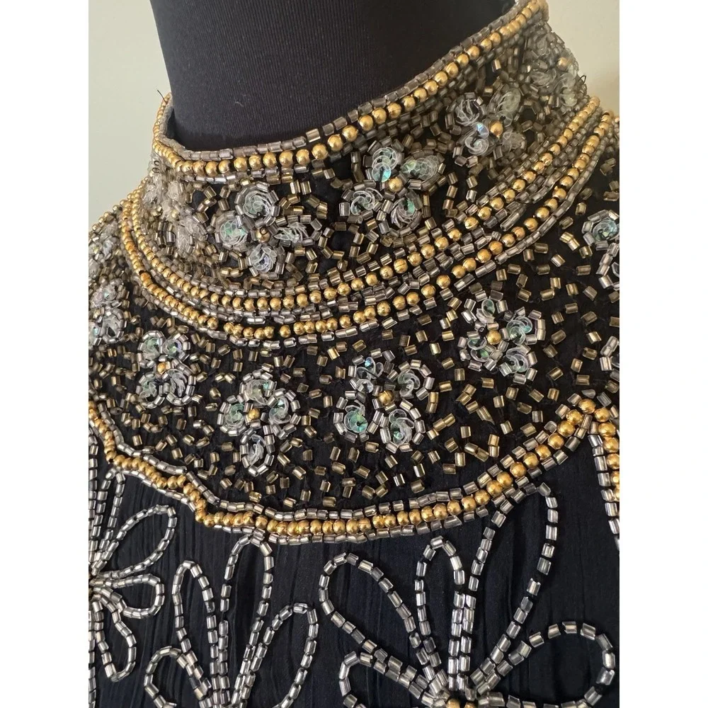Vintage 90s Beaded Boho Top Luxe Black Gold Floral Halter Glam Art Deco Women L - Picture 2 of 8